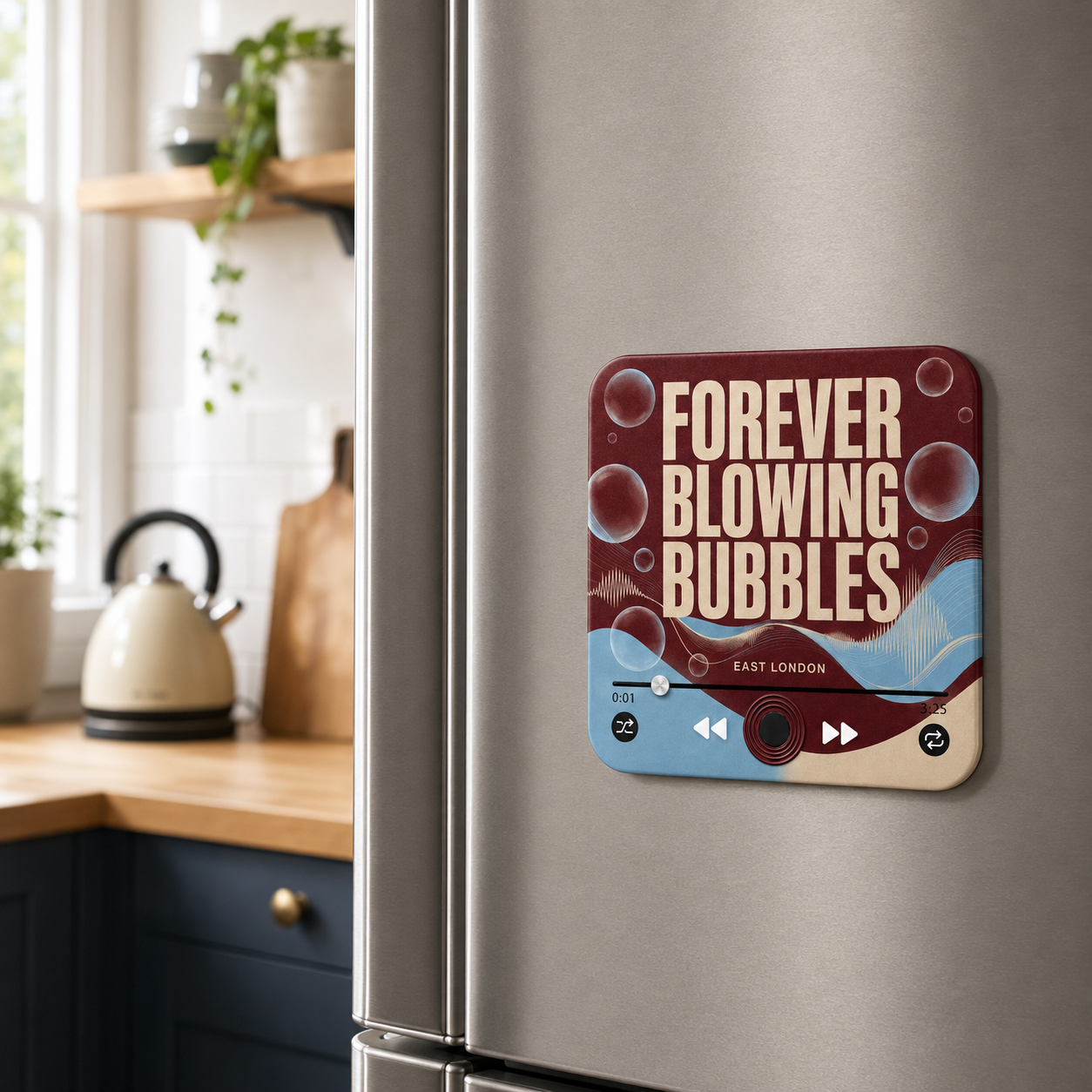 East London Claret & Blue sound magnet displayed on a refrigerator