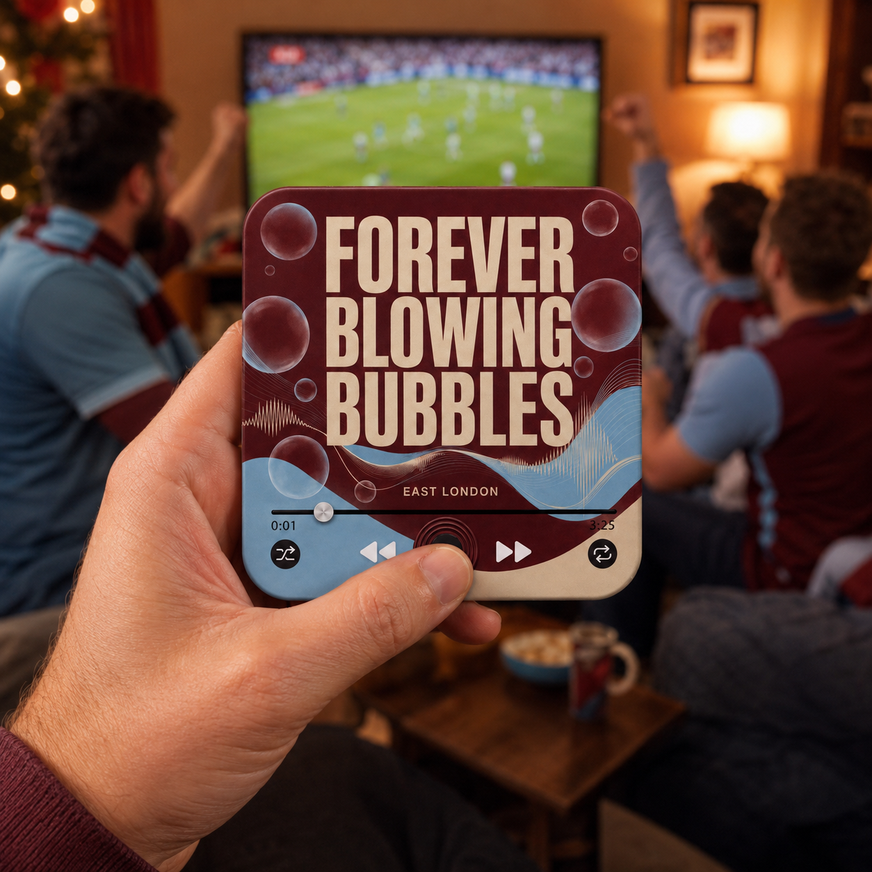 East London Claret & Blue Football Sound Magnet held in hand during a football match at home