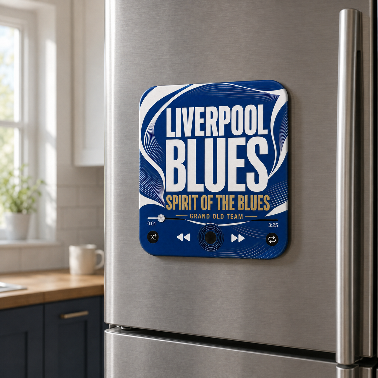 Liverpool Blues football sound magnet on a refrigerator
