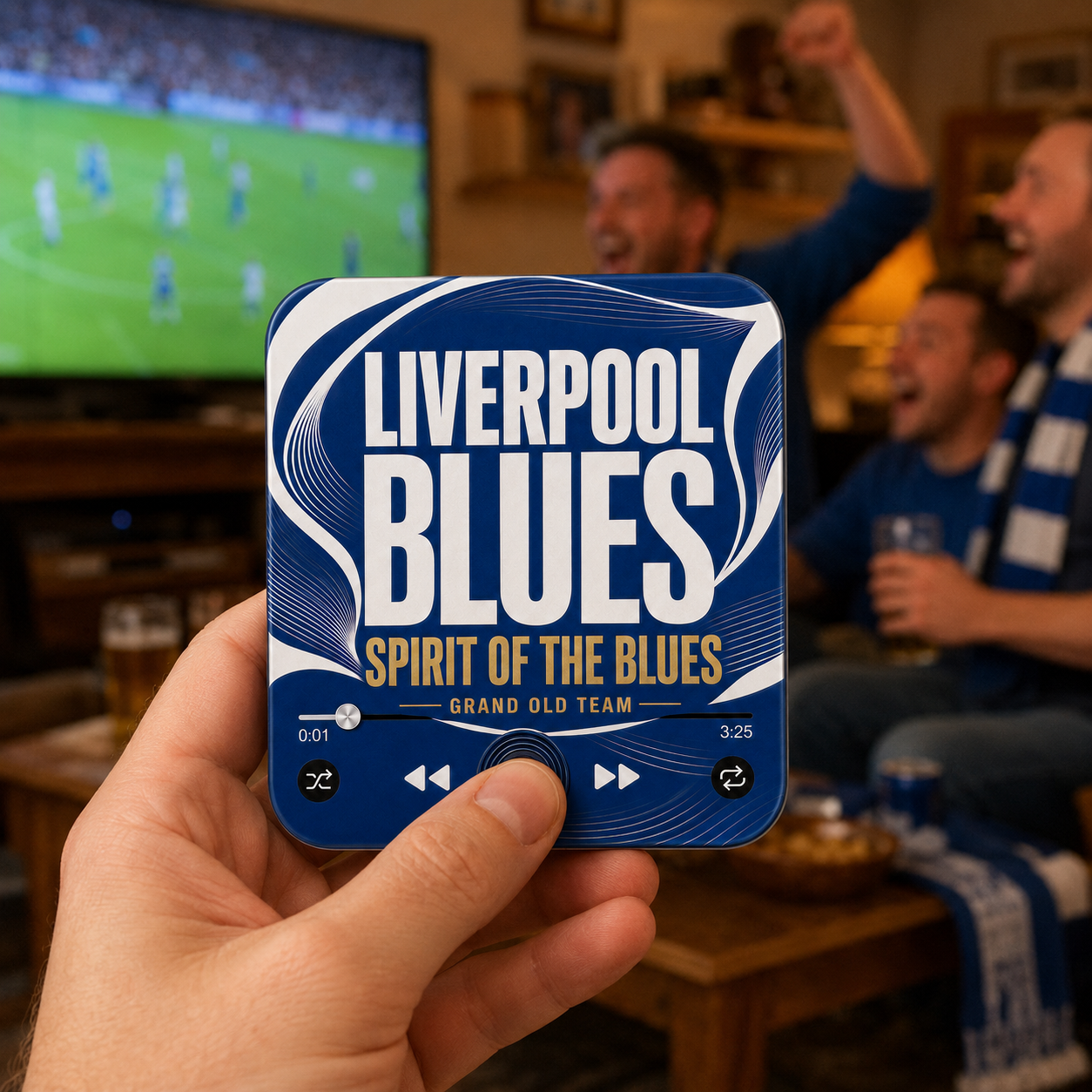 Liverpool Blues Football Sound Magnet held in hand during a football match at home