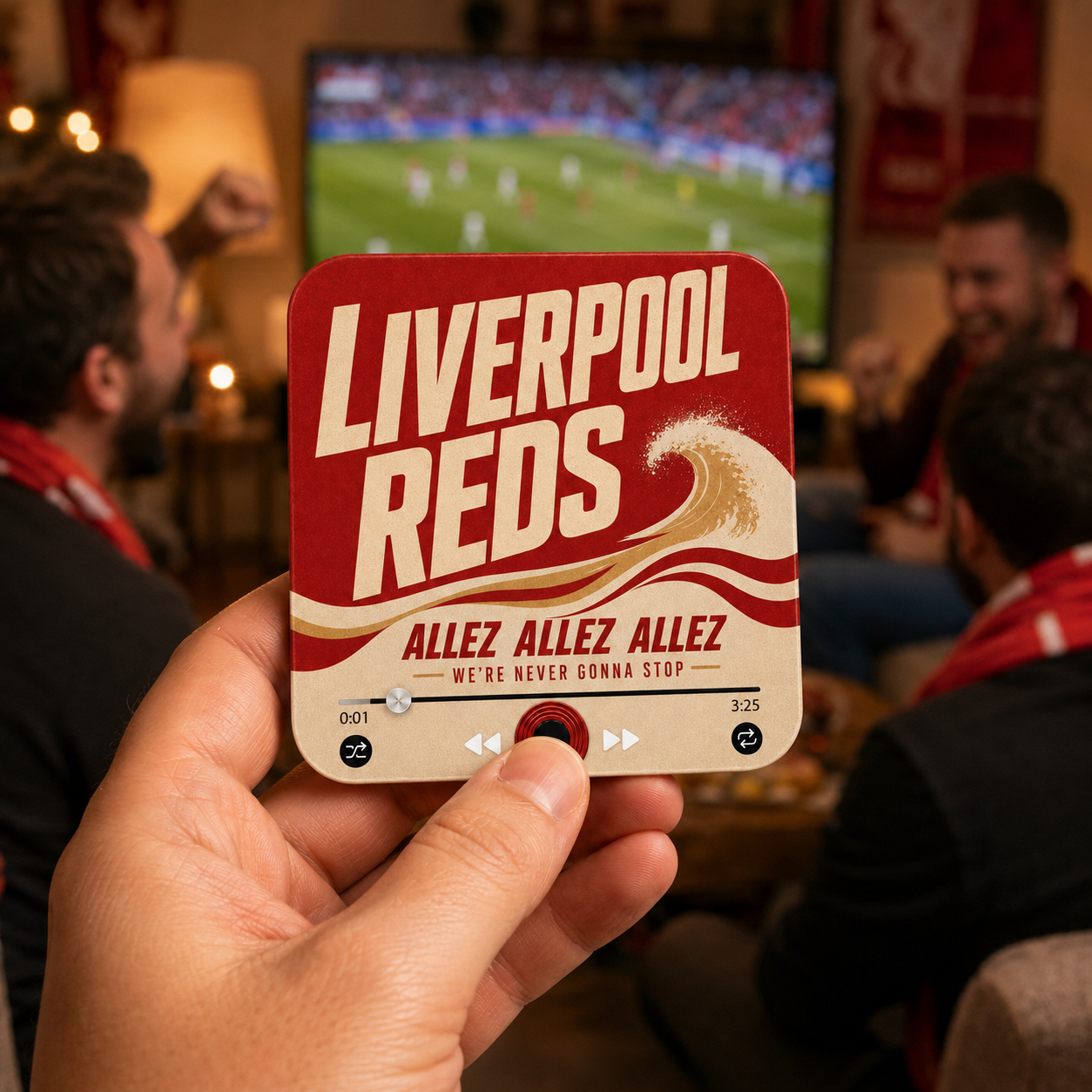 Liverpool Reds Football Sound Magnet held in hand during a football match at home