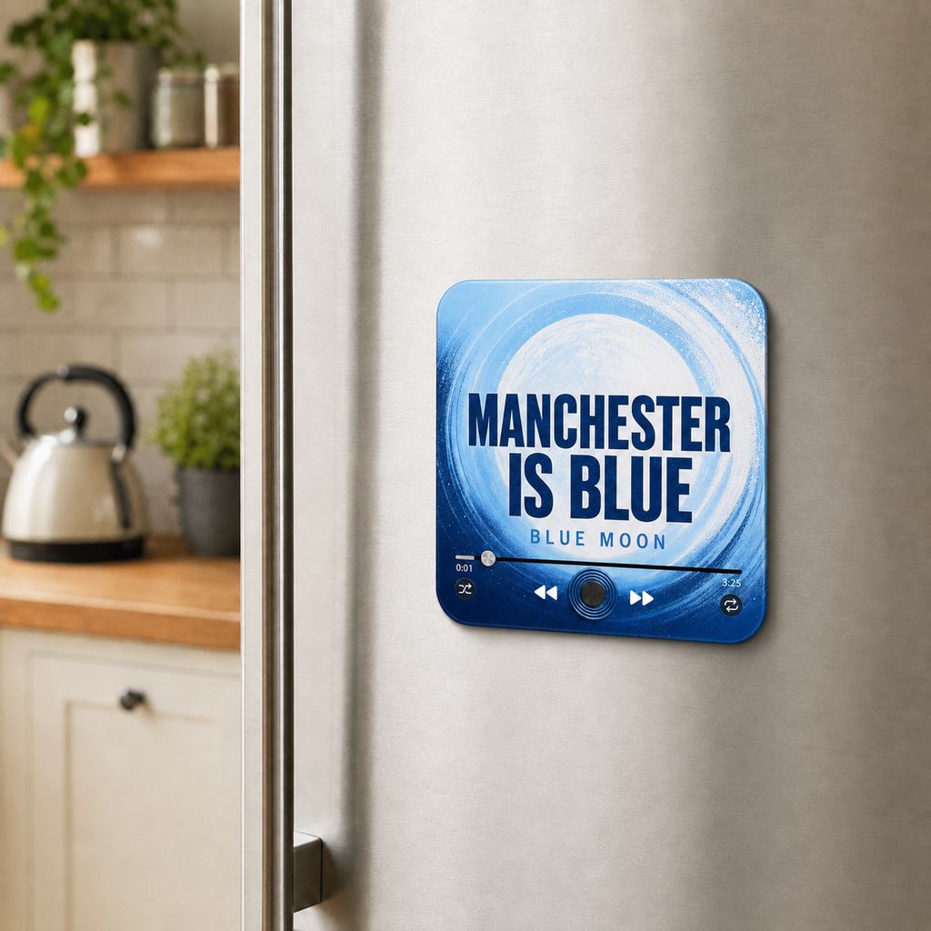 Manchester Is Blue football sound magnet on a refrigerator