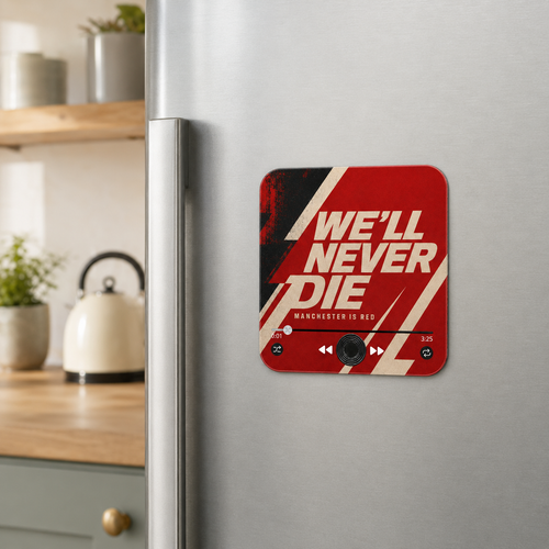 Manchester Red sound magnet displayed on a refrigerator