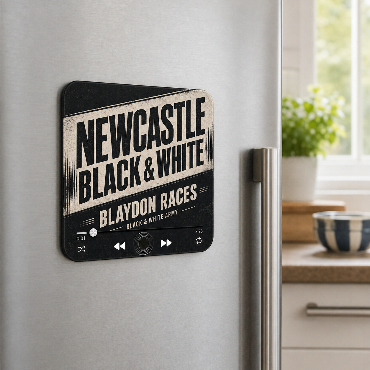 Newcastle Black and White football sound magnet on a refrigerator