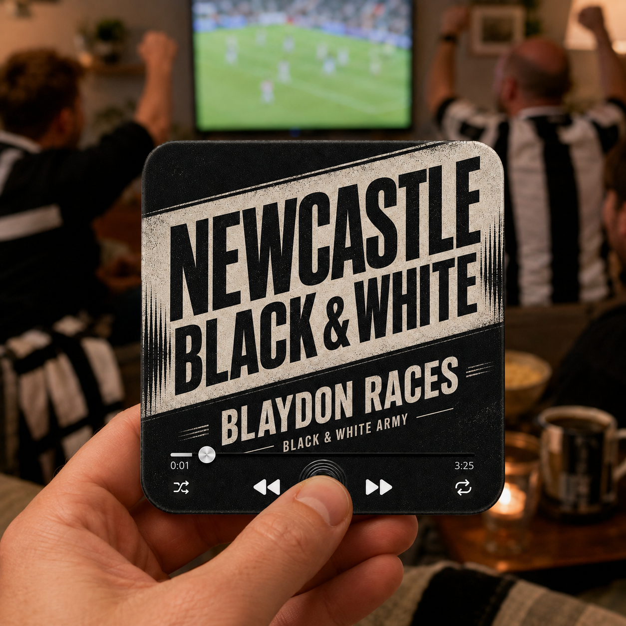 Newcastle Black & White Football Sound Magnet held in hand during a football match at home