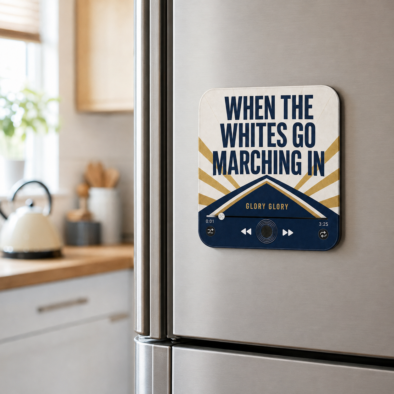 North London White football sound magnet on a refrigerator