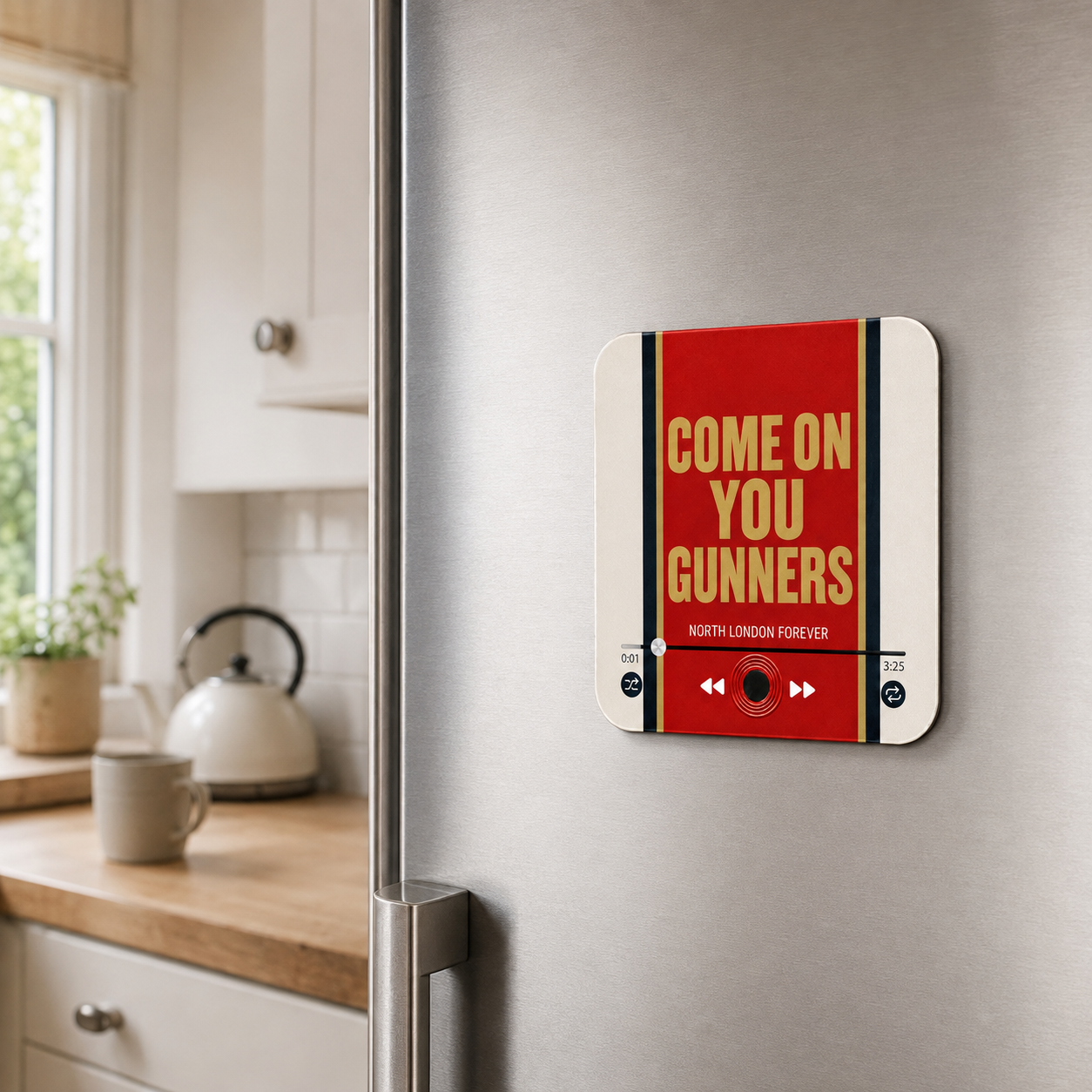 North London Red sound magnet displayed on a refrigerator
