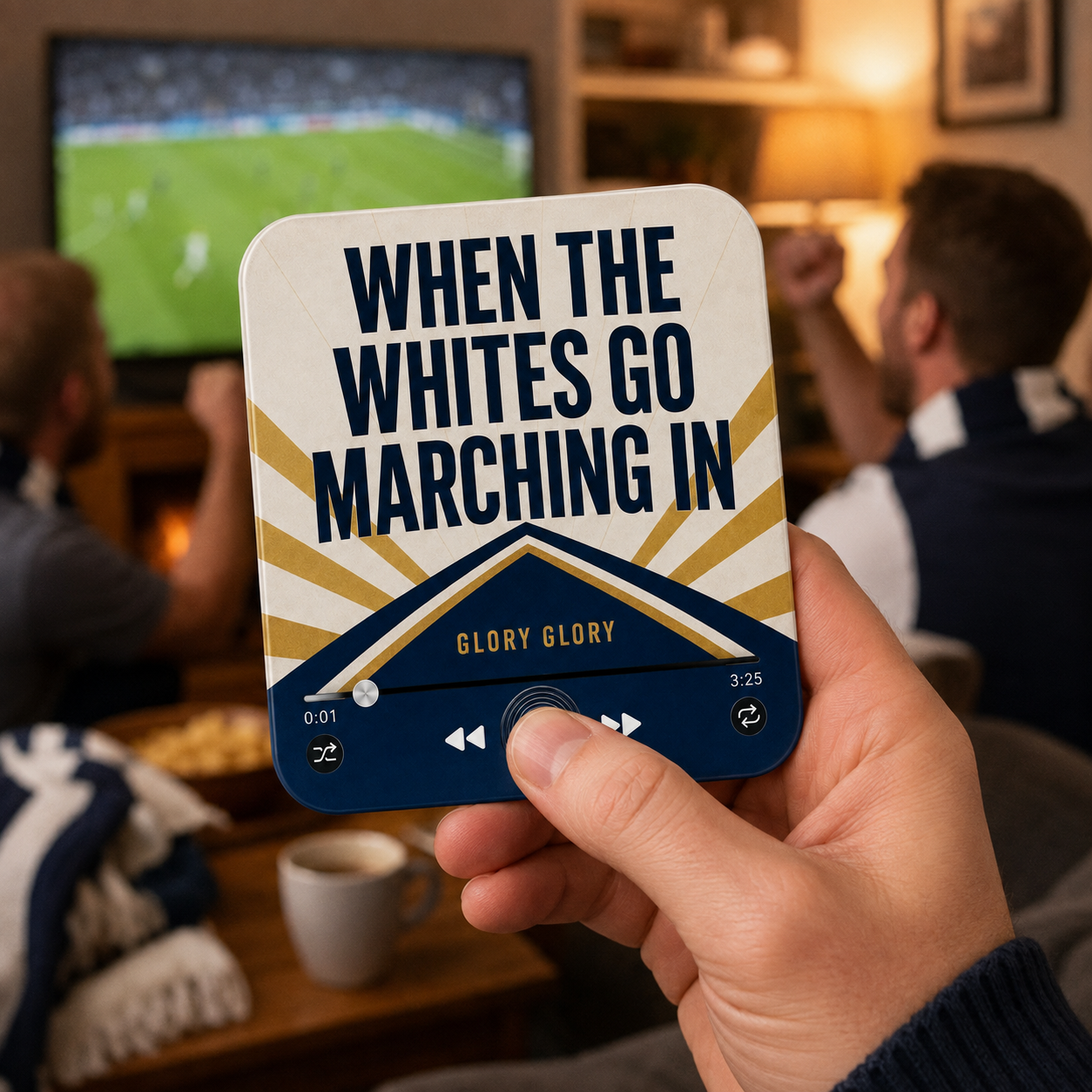 North London White Football Sound Magnet held in hand during a football match at home