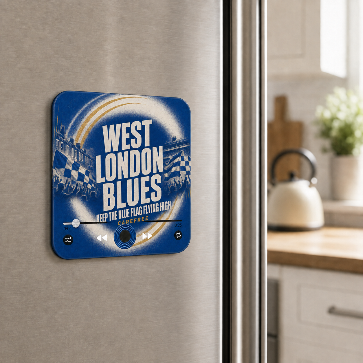 West London Blues football sound magnet on a refrigerator