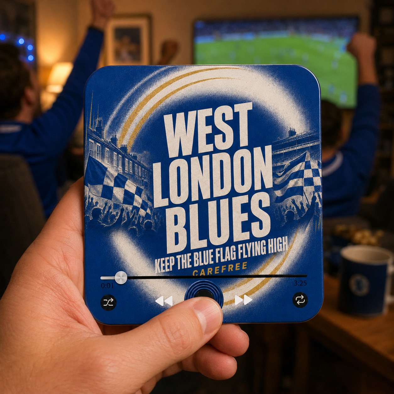 West London Blues Football Sound Magnet held in hand during a football match at home